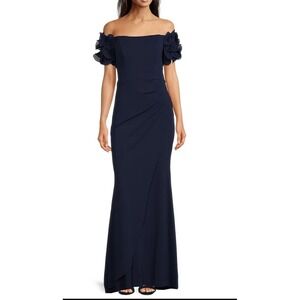 XSCAPE Navy ROSETTE Off the Shoulder RUFFLE Sleeve RUCHED Waist GOWN‎ Size 6